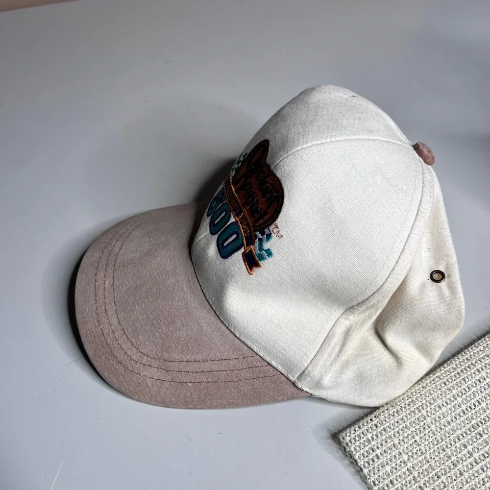 Vintage‎ NASCAR Cracker Barrel 500 Hat Cream Tan Suede Brim Leather Strap Cap